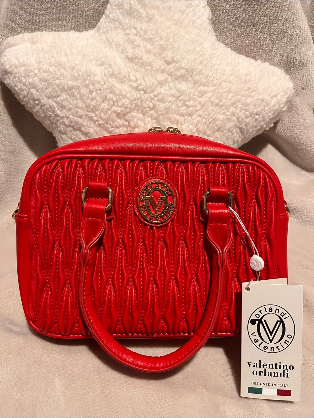 Valentino Orlandi Gorgeous Red Quilted Dome Satchel with Gold Emblem.